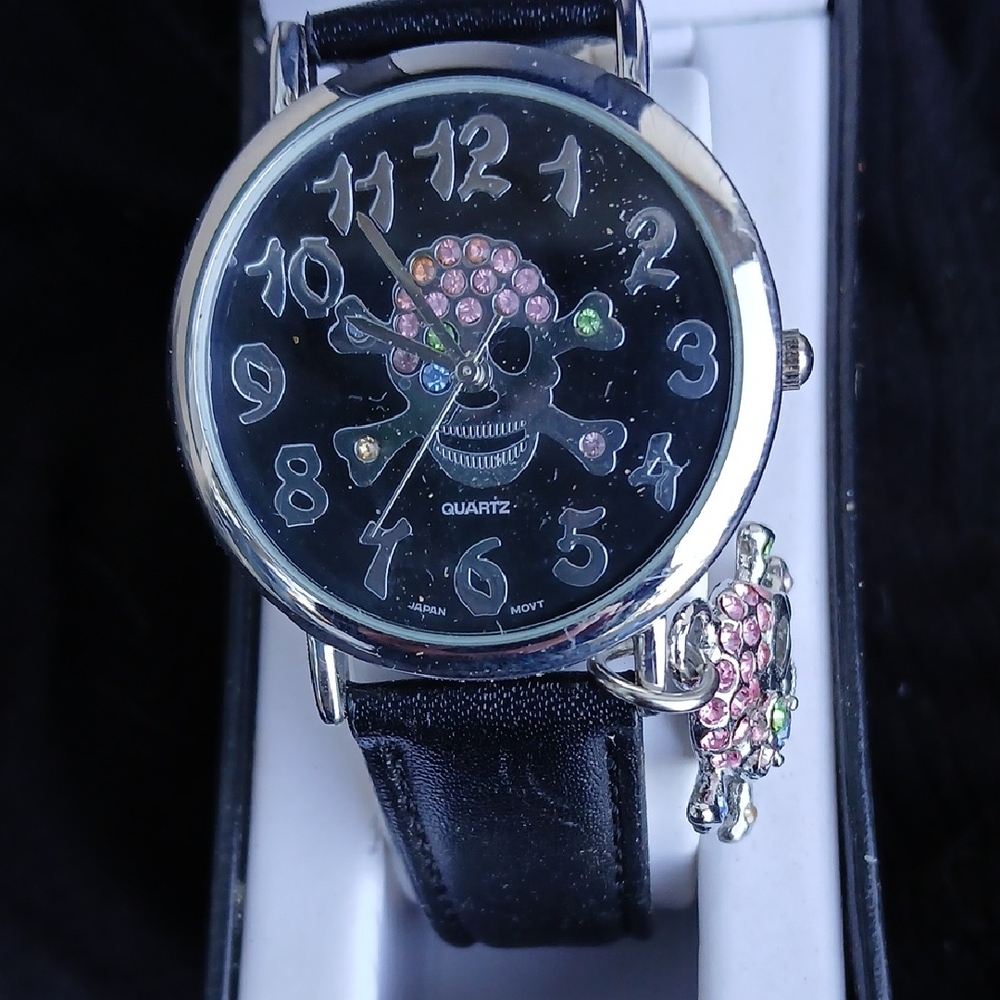 Black Skull Quartz Watch with Pink Accents